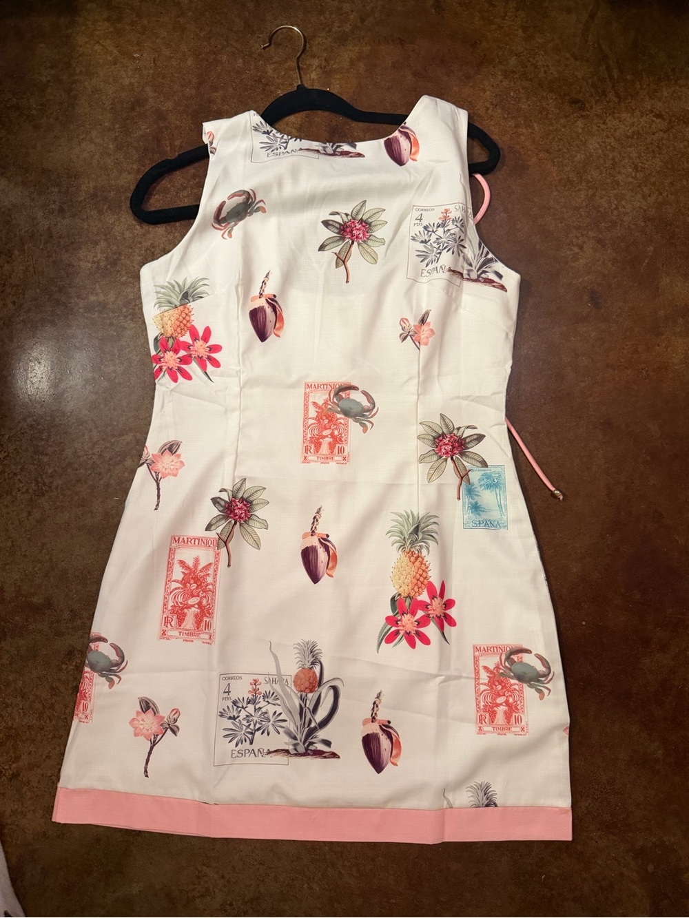 Sleeveless White Tropical Print Shift Dress with Pink Trim